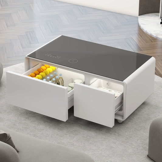 Modern Smart Coffee Table w/ Built-in Fridge, Bluetooth Speaker, Wireless Charging and more